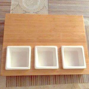 wood appetizer/cheese serving Tray and white stoneware cream bowls